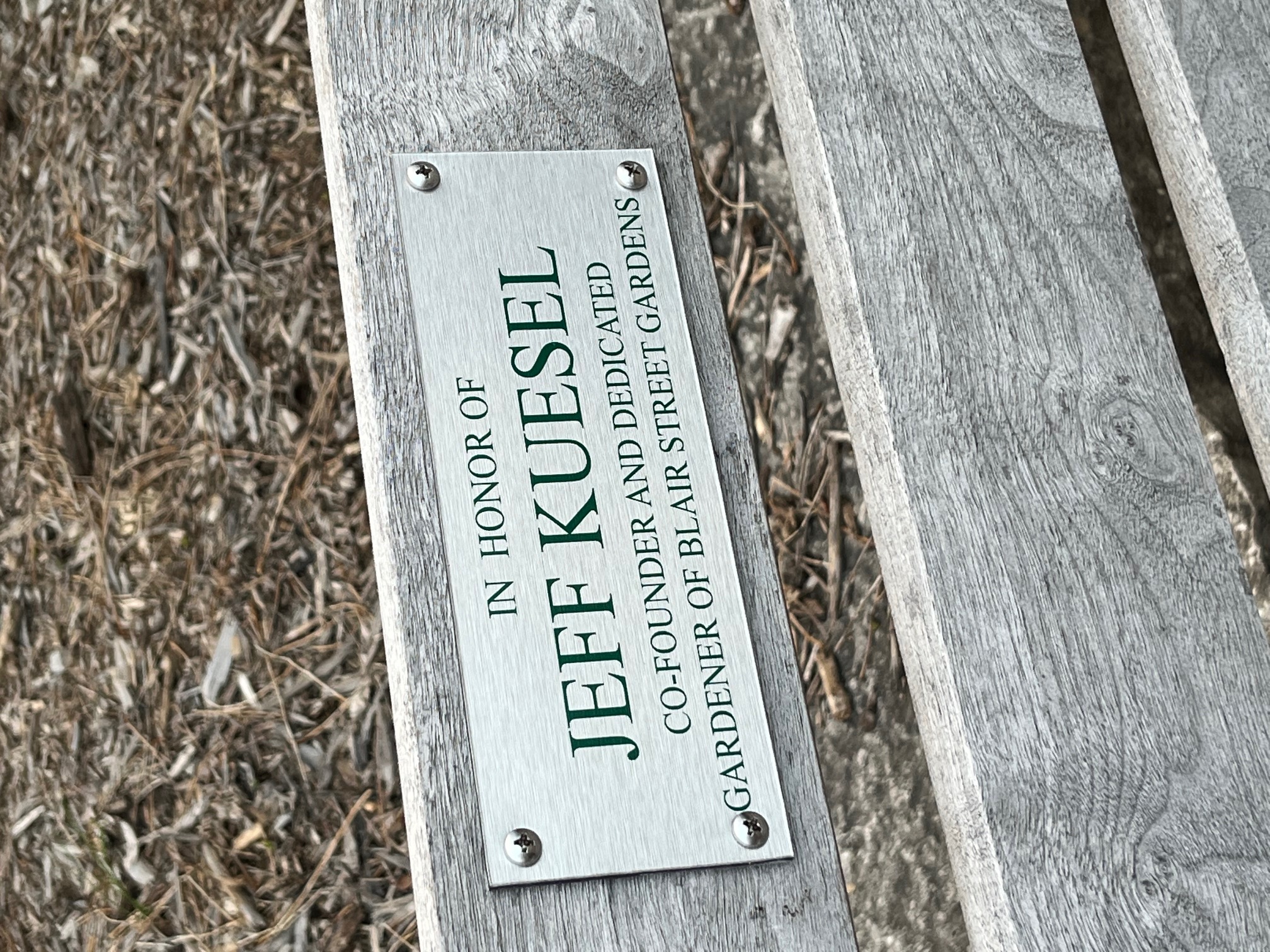 Plaque commemorating Co-Founder Jeff Kuesel